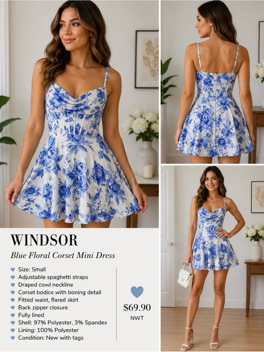 Windsor Blue Floral Corset Mini Dress Size Small NWT